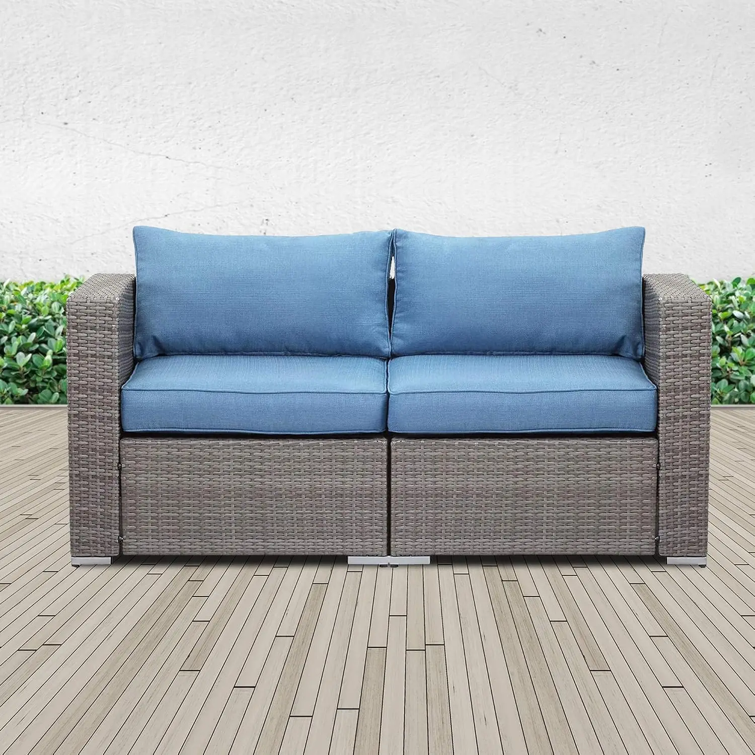 2-Seat Rattan Sofa Outdoor Patio Furniture All Weather Wicker Loveseat With Cushion Blue, Customized