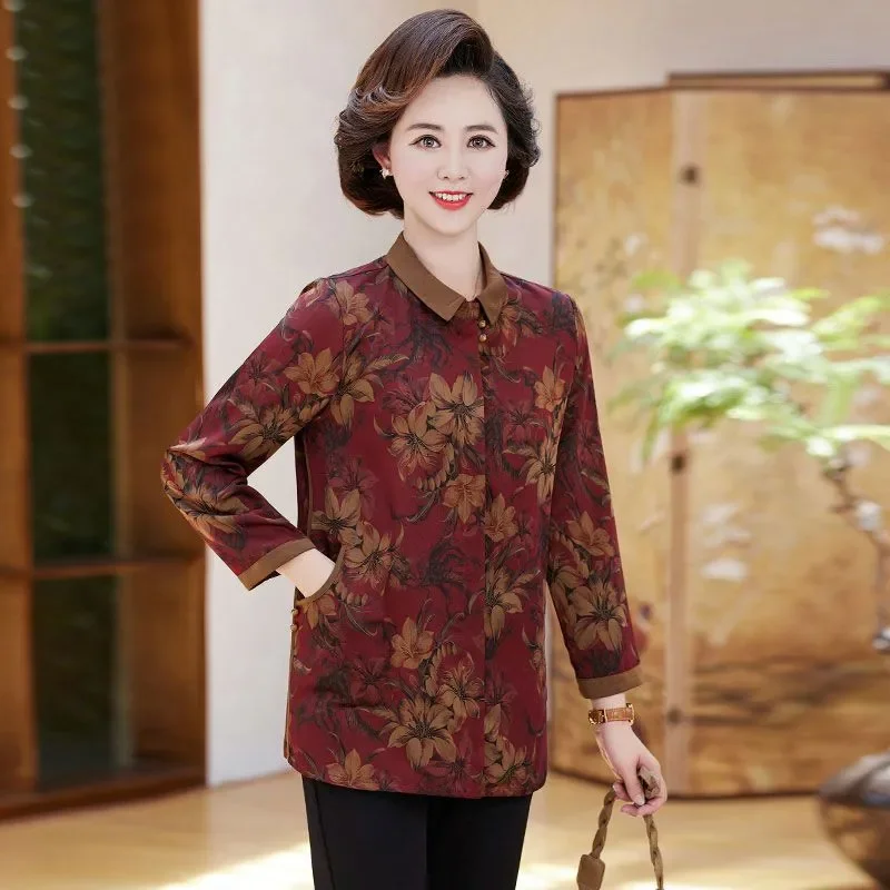 Vintage Hong Kong Style Middle Aged Women Color Block Lapel Floral Print Shirt Autumn Casual Blouse S 4XL