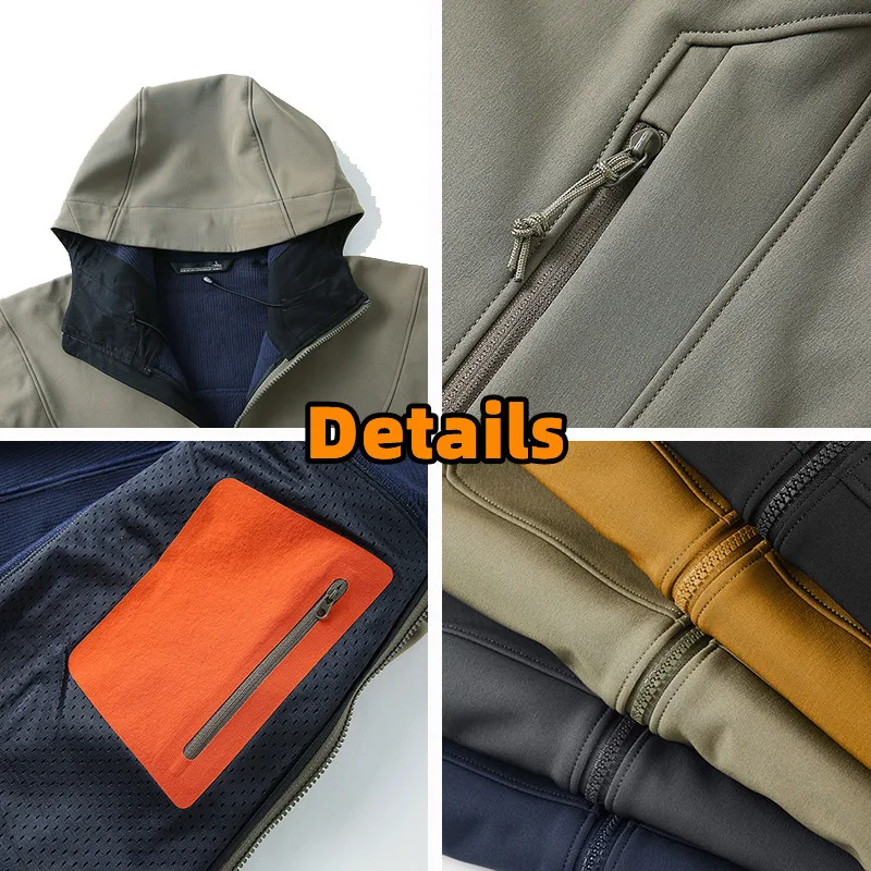 Imagem -06 - Cabolsas Macios de Caminhada para Homens com Zíper Completo ao ar Livre Forro de lã com Capuz Bolso Múltiplo Cabolsa Safari de Carga Quente à Prova de Vento Outono