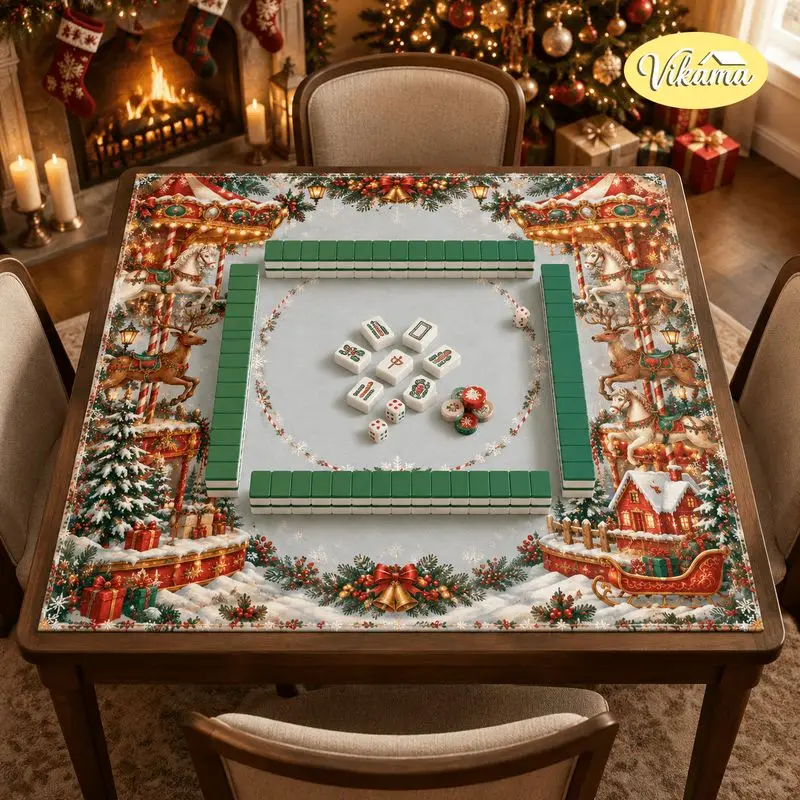VIKAMA Christmas Mahjong Mat Carousel Reindeer Cottage Sleigh Soft Non-Slip Mahjong Play Mat Game Room New Year Festival Decor