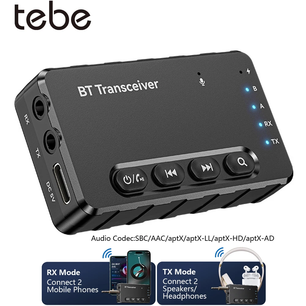 Tebe ACC aptX Bluetooth 5.2 Audio Receiver Transmitter Adapter Wireless Stereo Transceiver with Mic for Car TV Amplifier Speaker