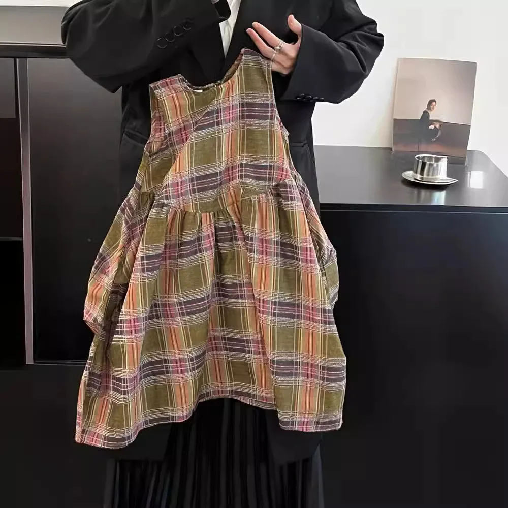 

Girls Skirts 2024 Summer New Childrens Clothes Matching Color Plaid Dress Childrens Sleeveless Sundress Casual Simple Match
