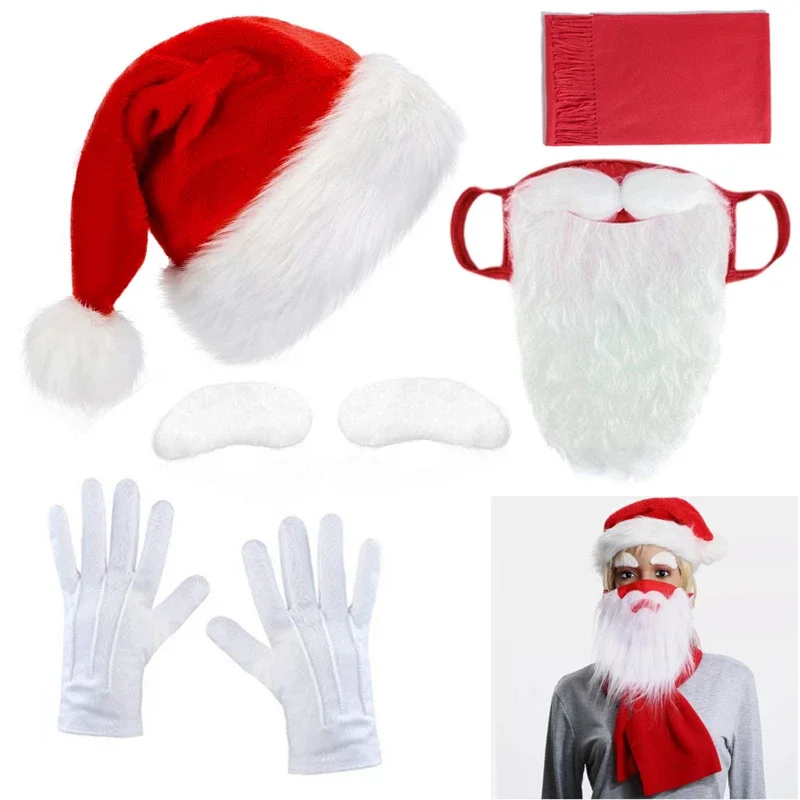 

Christmas Party Santa Cosplay Costume Santa Hat Red Scarf White Beard Mask White Eyebrow Gloves Fun Christmas Party Accessory