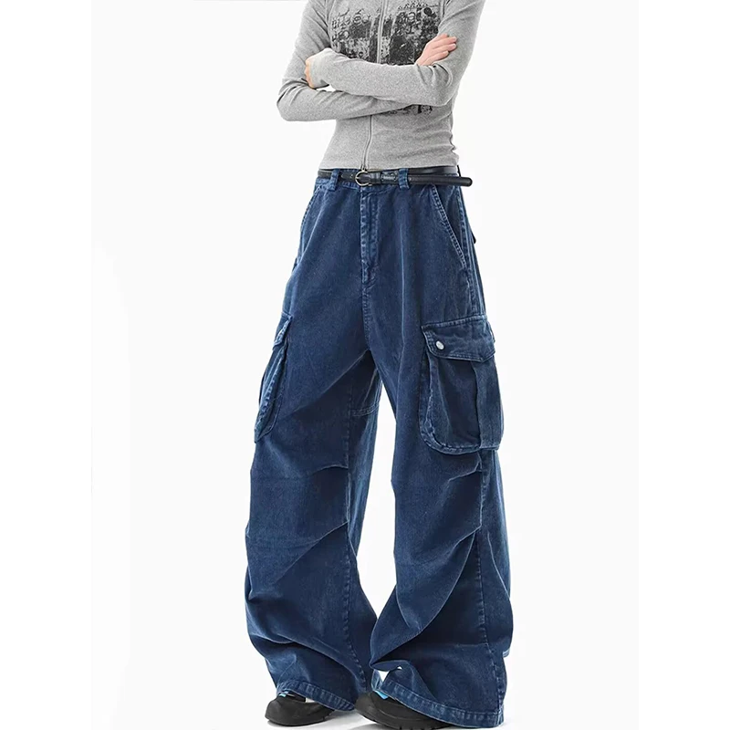 Autumn Winter Jeans Fashion Multi-Pocket Cargo Pants Straight Retro Overalls Women's Loose Casual Wide Leg Pleated Trousers
