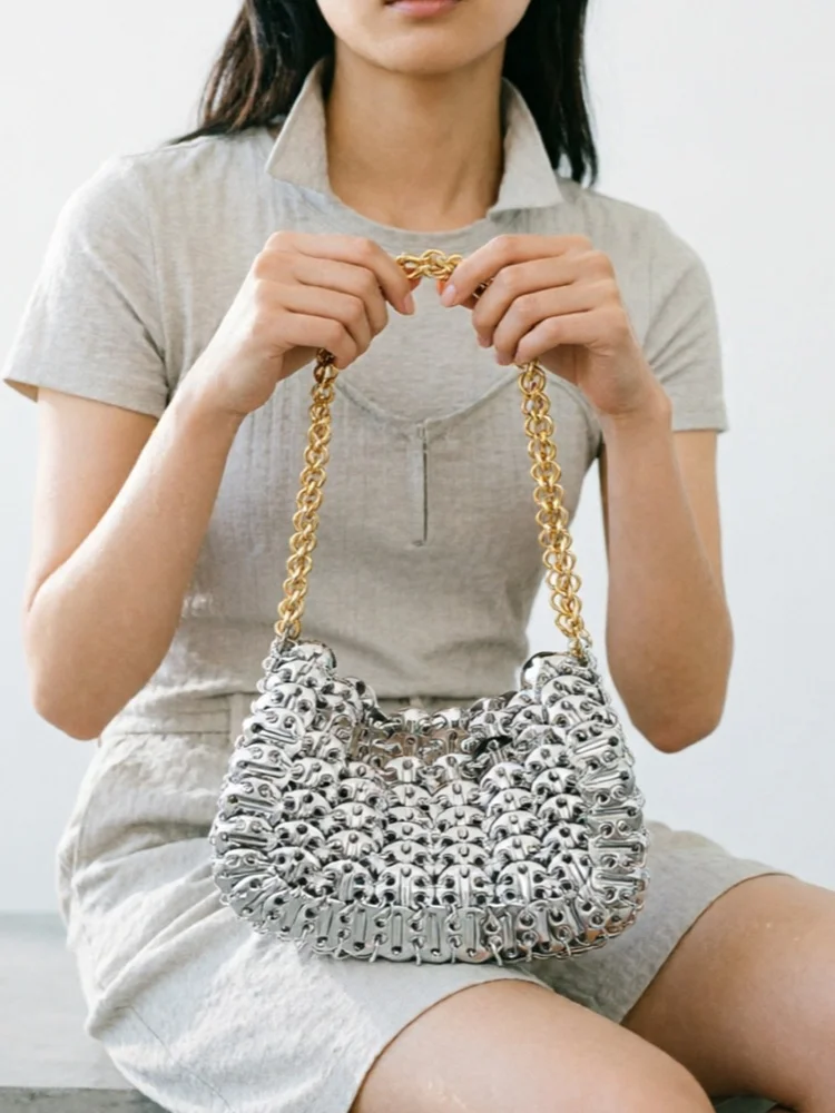 Gold and Silver Splicing Woven Sequins Handbag Women Luxury Top Handle Knitted Bag Metalic Shiny Wedding Party Purse