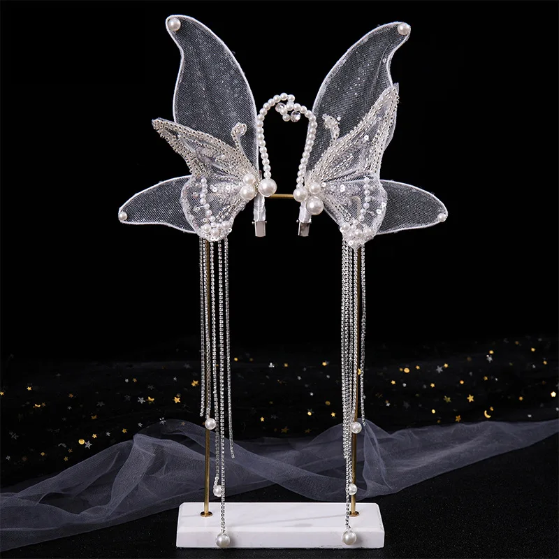 2pcs Handmade Beaded Butterfly Tassel Hair Clip Bridal Wedding Dress Banquet Makeup Headband Hair Accessories Hairband Decor image 4