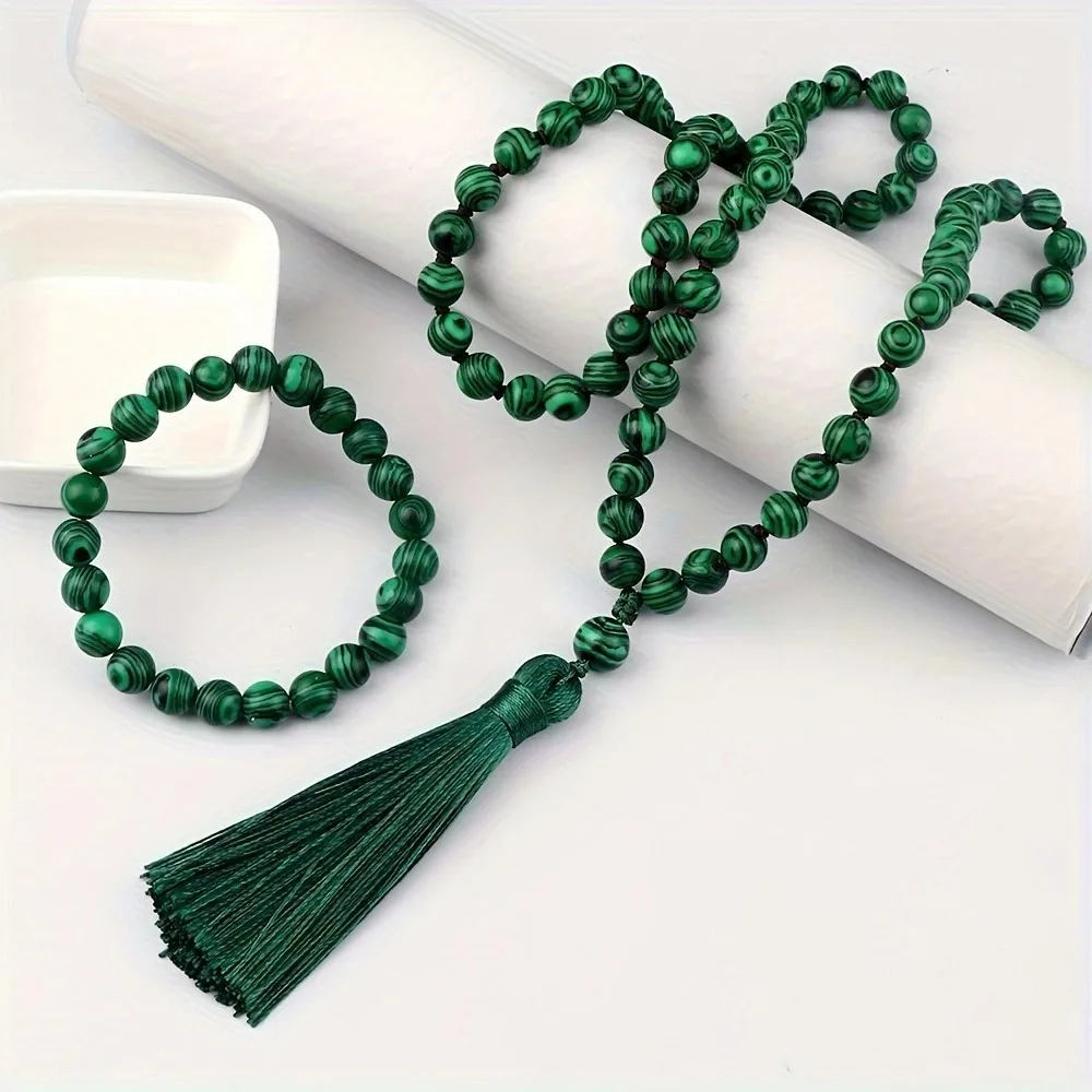 Tassel knot style creative feature green stone bead necklace woven layered wrapped bracelet devoutly believing in prayer beads