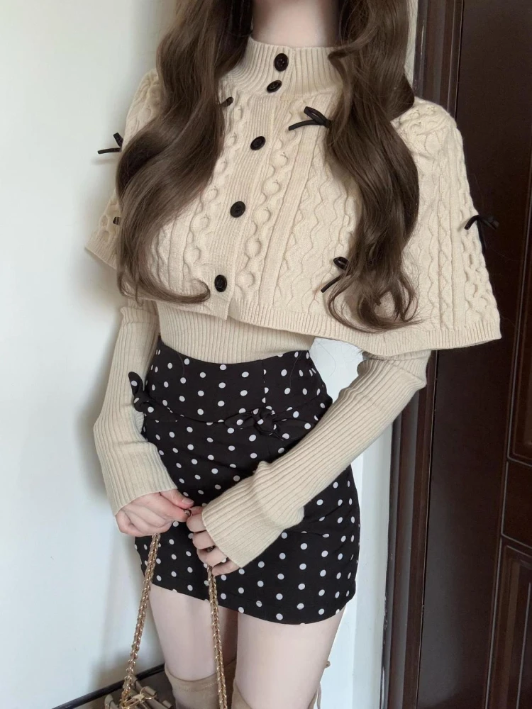 Winter Knit Sweet Slim Retro Elegant 3 Piece Sets Women Warm Design Sweater +Polka Dot Chic Skirt Female Korean Popular Clothes