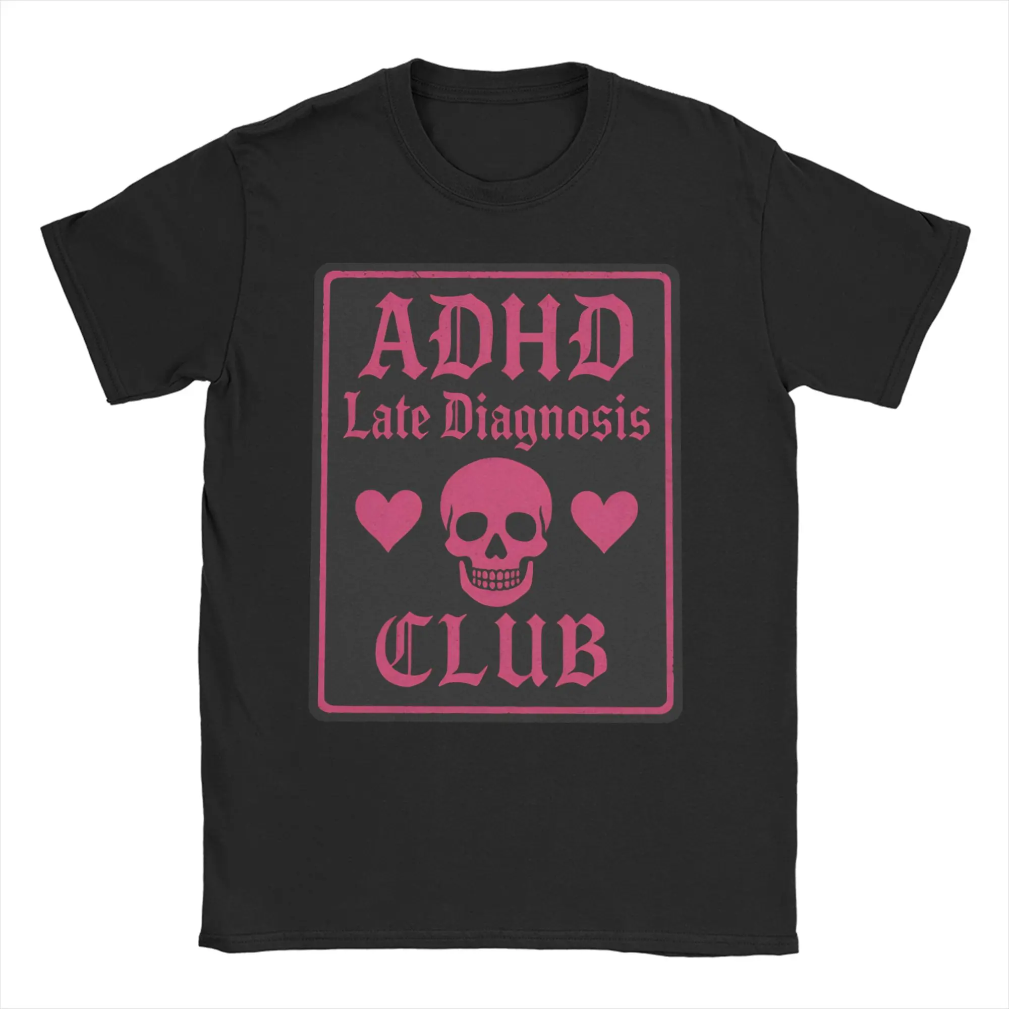 Camisetas Masculinas e Femininas Góticas com Tema de Caveira e Coração, para Clube de Diagnóstico de TDAH, em Algodão, Manga Curta, Gola Redonda, Tama