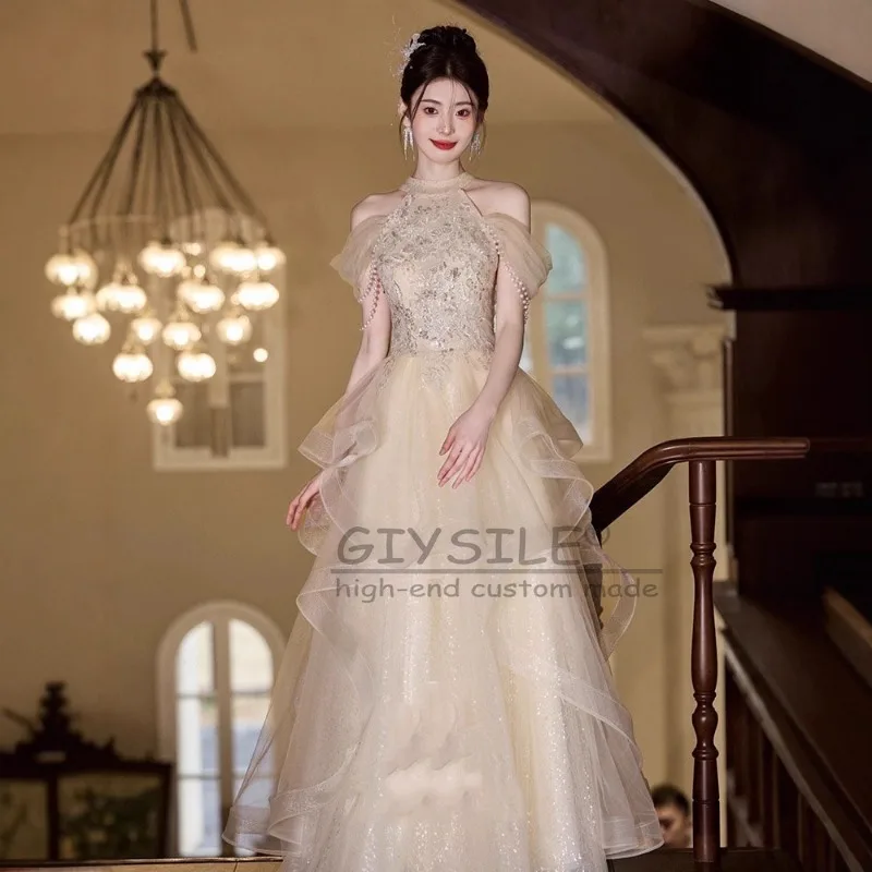 GIYSILE Abito da sera dignitoso alla moda con collo champagne personalizzato 2025 Nuovi abiti da festa soffici da principessa con nappa a flusso di perle