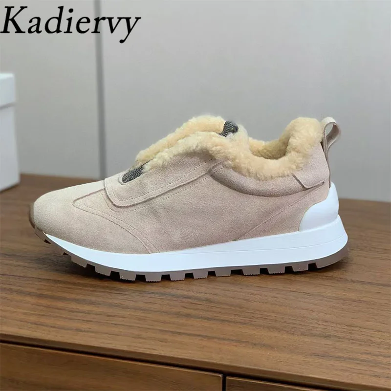 Casual Sneakers For Women Lace Up String Bead Wool Warm Winter Shoes Ladies Cow Suede Running Shoes Flat Sports Shoes Woman