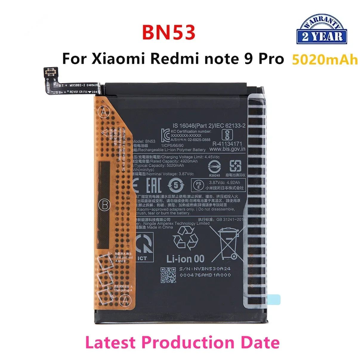 

Brand New BN53 5020mAh Battery For Xiaomi Redmi note 9 Pro Phone Batteries