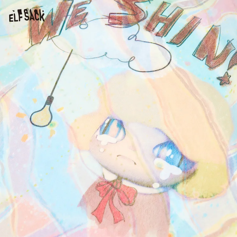 ELFSACK 2025 Summer New Arrival Dopamine Graphic Mesh Long Sleeve T-shirt Lagenlook Oversized Cover-Up Top dla kobiet