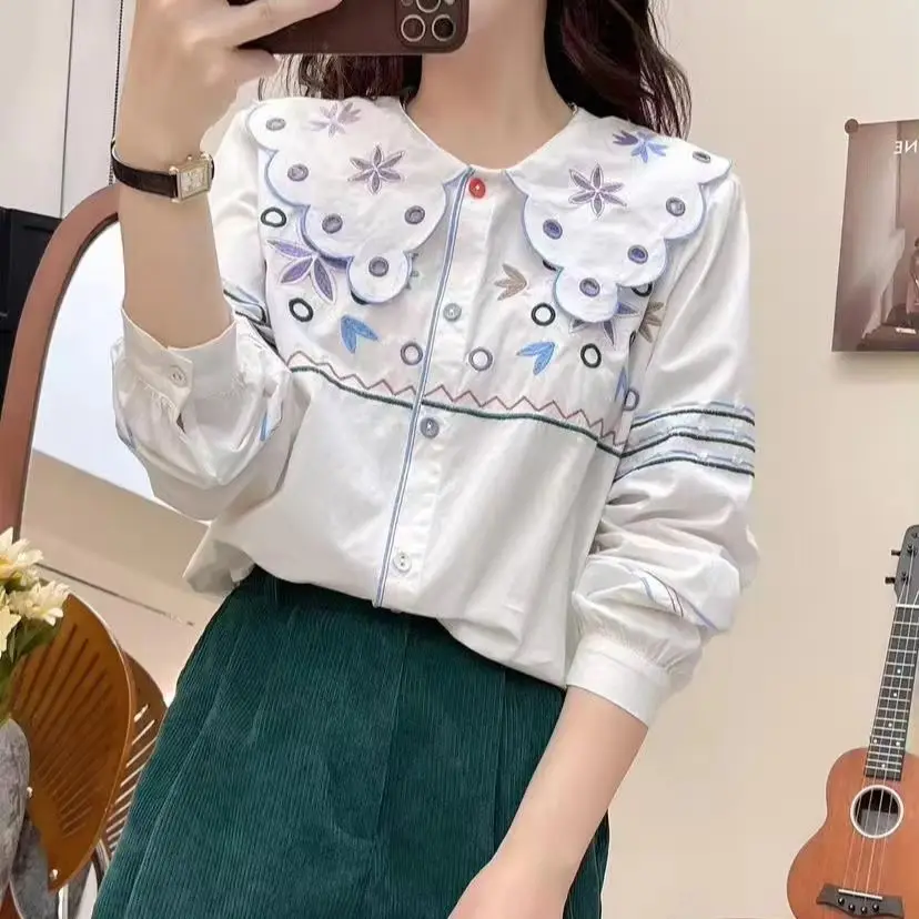 Mori girl style sweet peter pan collar embroider shirts and blouses fall clothes 2024 women autumn hollow out shirts lolita tops