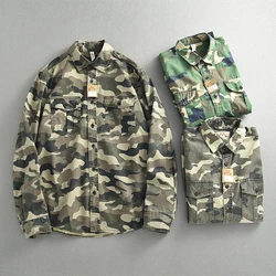 Spring and autumn new tide men's retro camouflage washing process pure cotton long-sleeved shirt loose tooling bag shirt coat