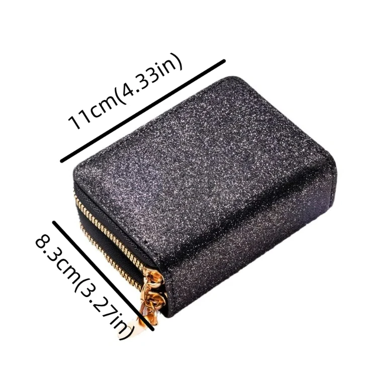 Solid Color Women Card Bag Double Zipper Luxury Starry Shiny Wallet Coin Purse ID Bank Credit Card Accordion Card Holder Lady