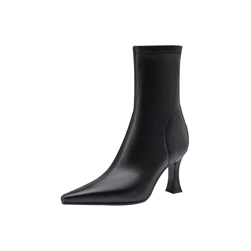 Czarne kobiety botki kobieta cienki wysoki obcas moda szpiczasty nosek zamek zimowe buty damskie skórzane krótkie botki
