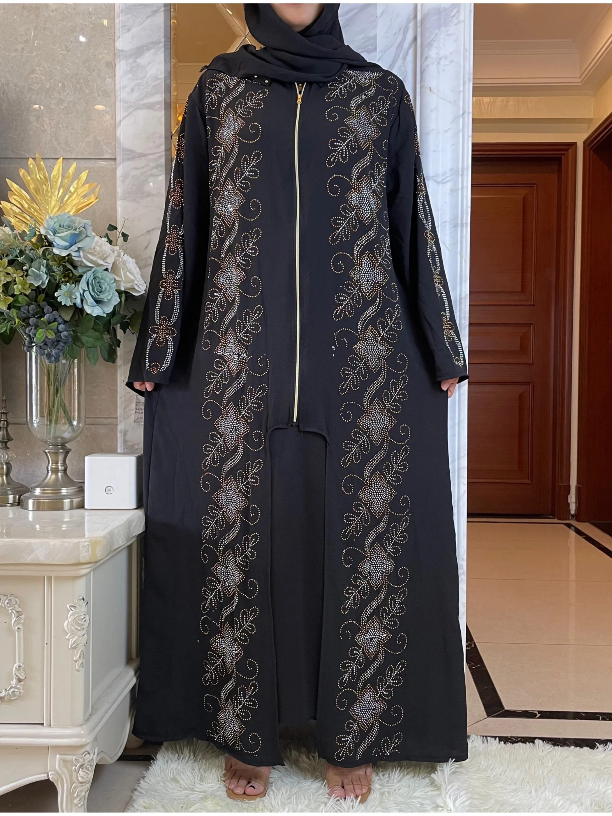 New African Muslim Zipper Dress Women Eid Autumn Abaya Middle Long Sleeve Robes Fashion Diamond Ladies Muslim Wear Ramadan Party