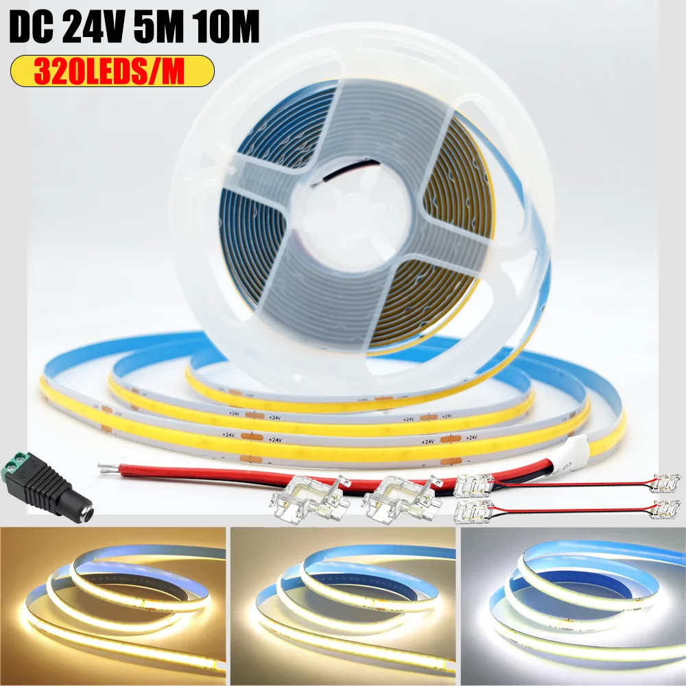 12V 24V FCOB LED Strip Light  320 LED High Density Flexible FOB COB Led Light RA90 Warm Nature Cool White Linear Dimmable 5M 10M