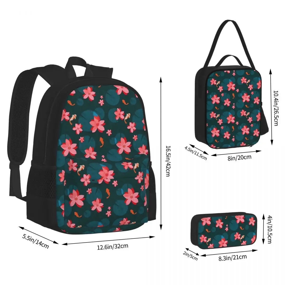 Serene, Whimsical Koi Pond With Water Lillies Flowers And Pads Backpack Bookbag SchoolBag Lunch Bag Pen Bag Three-Piece Set