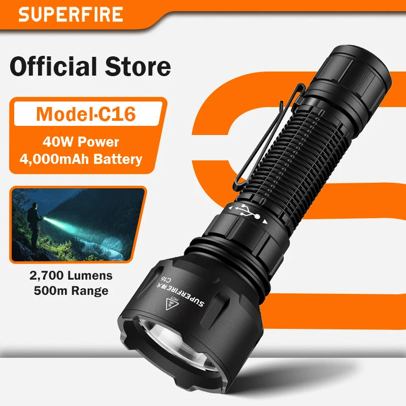 superfire-c16-40w-2700-ルーメン懐中電灯防水ハイパワー超高輝度長距離ヘビーデューティー充電式複数モード-la
