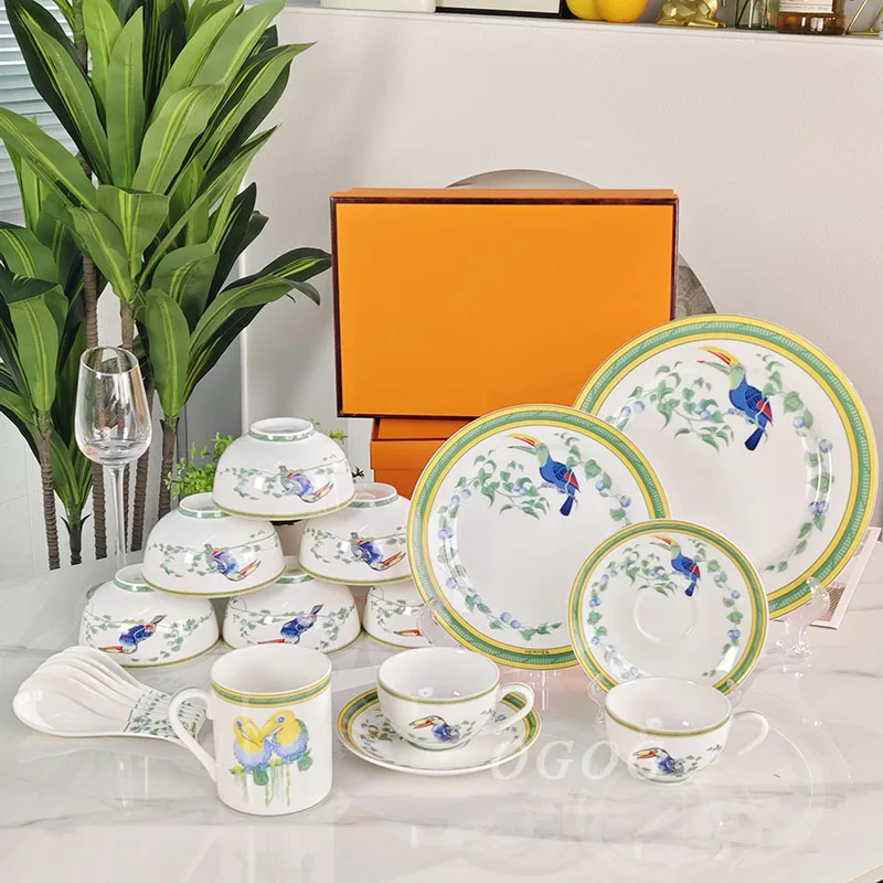 

High-Appearance Hornbill Series Bone China Tableware Set Mug Cup Saucer Bowl Spoon Plate Luxury Gift Box