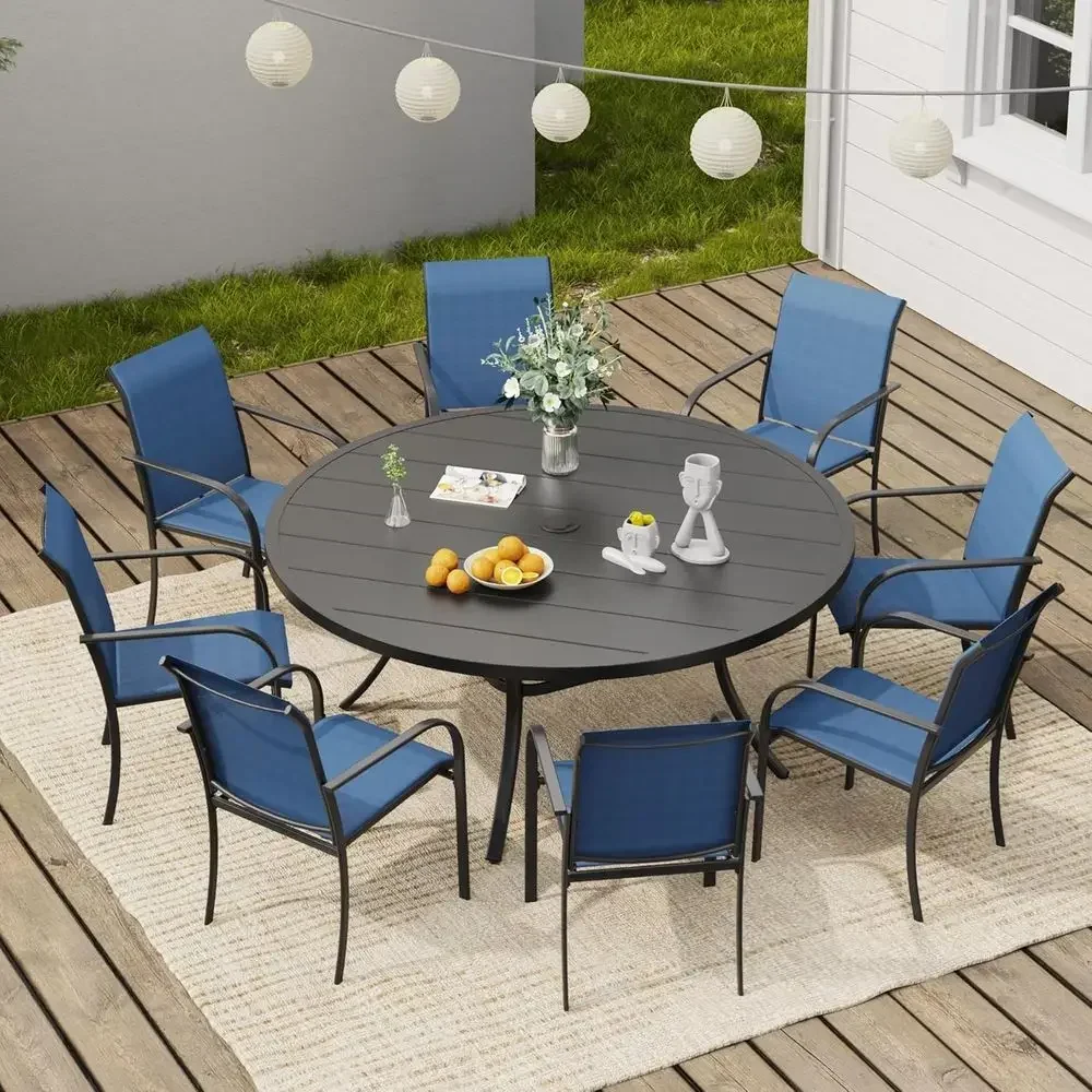 Round Outdoor Dining Set with 8 Stackable Chairs and 53 Table, Blue Seats, Black Table, Umbrella Hole