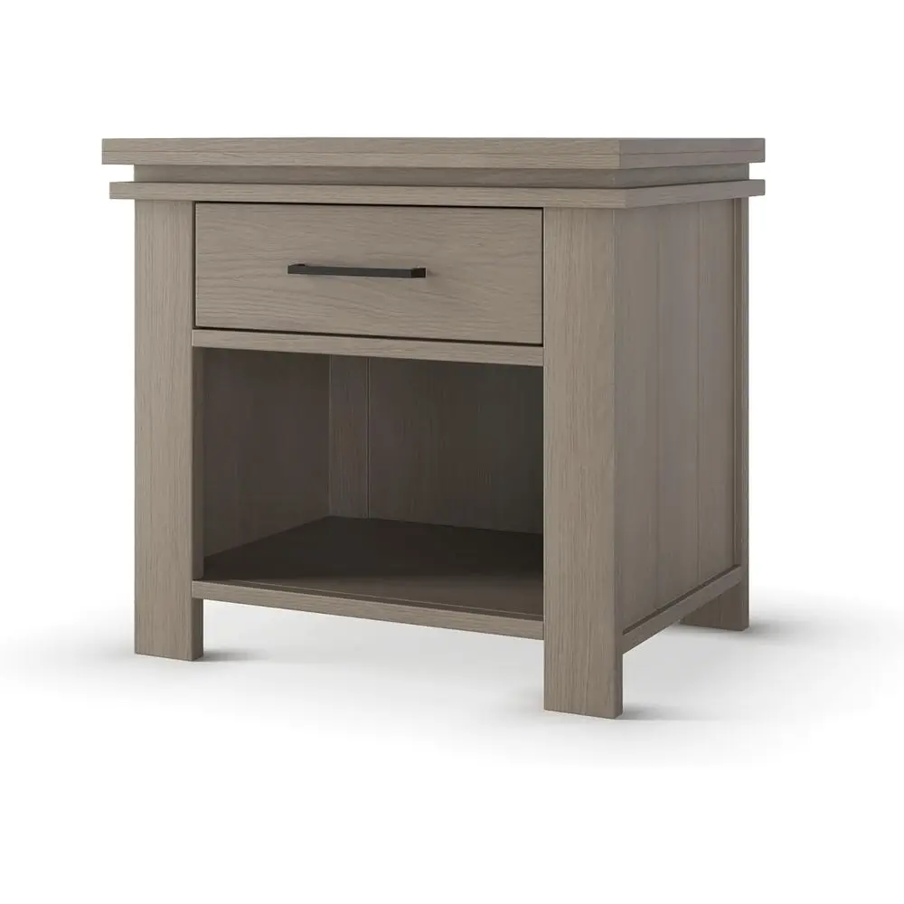 

25 Wide Crescent Gray Nursery Nightstand with Drawer and Open Shelf, Metal Handle