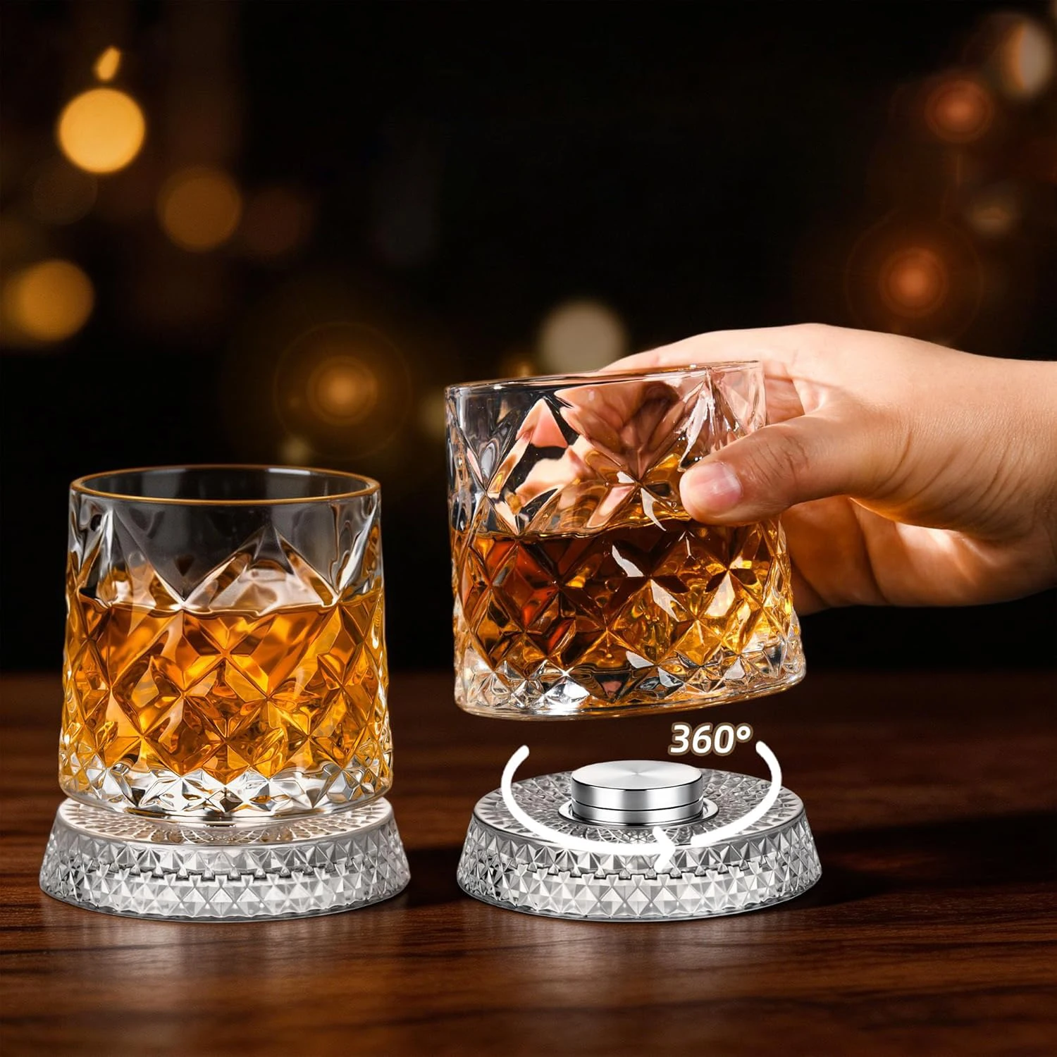 1PCS 360 Degree Rotatable Spinning Crystal Whiskey Tumbler Thick Base Drinking Glass for Bourbon Scotch Rum Cocktail Unique Gift