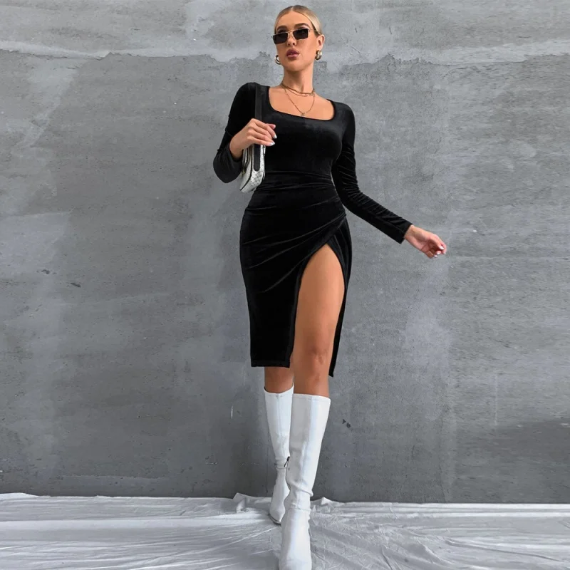 

YQ1-2025Autumn Winter Women's Clothing Split Slim Fit Square Neck Long Sleeve Velvet Bodycon Dress Velvet Slim Fit