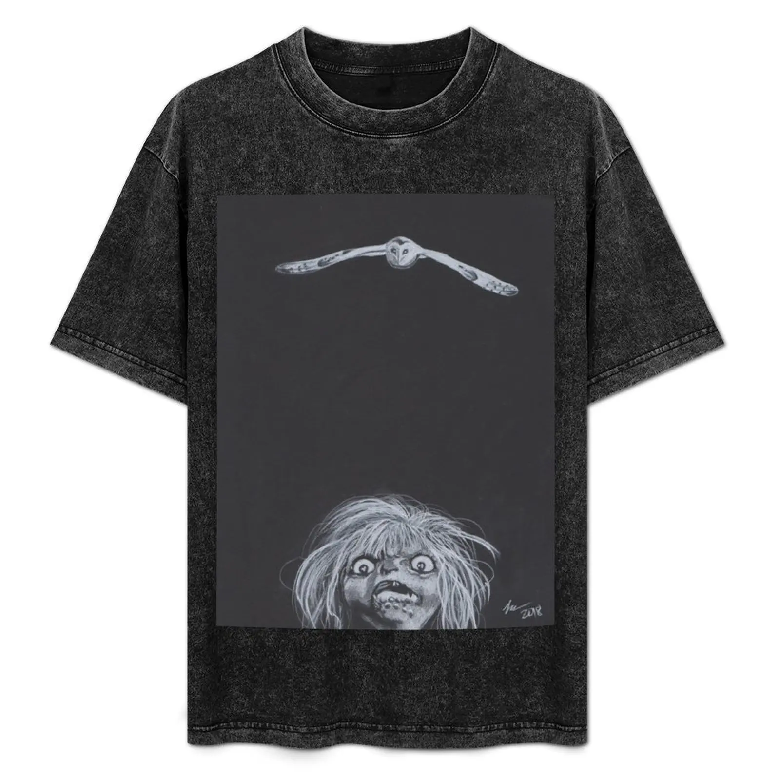 

Charcoal Drawing of Goblin and Owl - Labyrinth T-Shirt Simple Line Art Print Tee