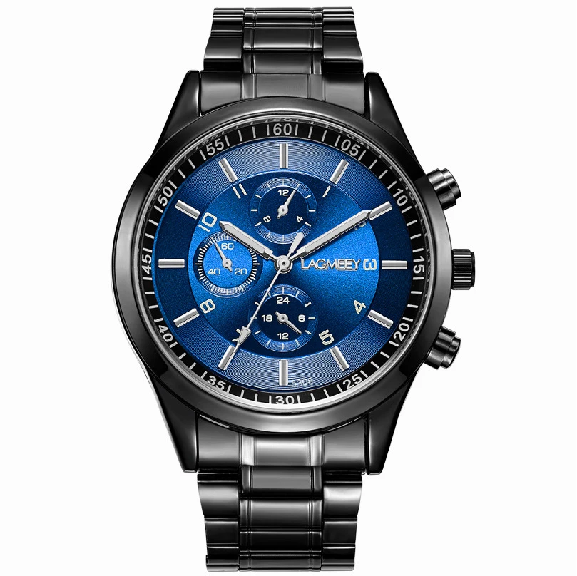 Ultra บางนาฬิกาผู้ชายธุรกิจแถบเหล็กสีดํากีฬากันน้ําสามตาเลียนแบบหกพินเกาหลีรุ่นนักเรียนชายนาฬิกา