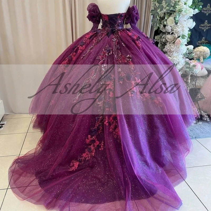 Customized Mexican Sweet 16 Year Girl Quinceanera Dresses Sleeves Flower Applique Beading Ball Gown Birthday Party Prom Dress