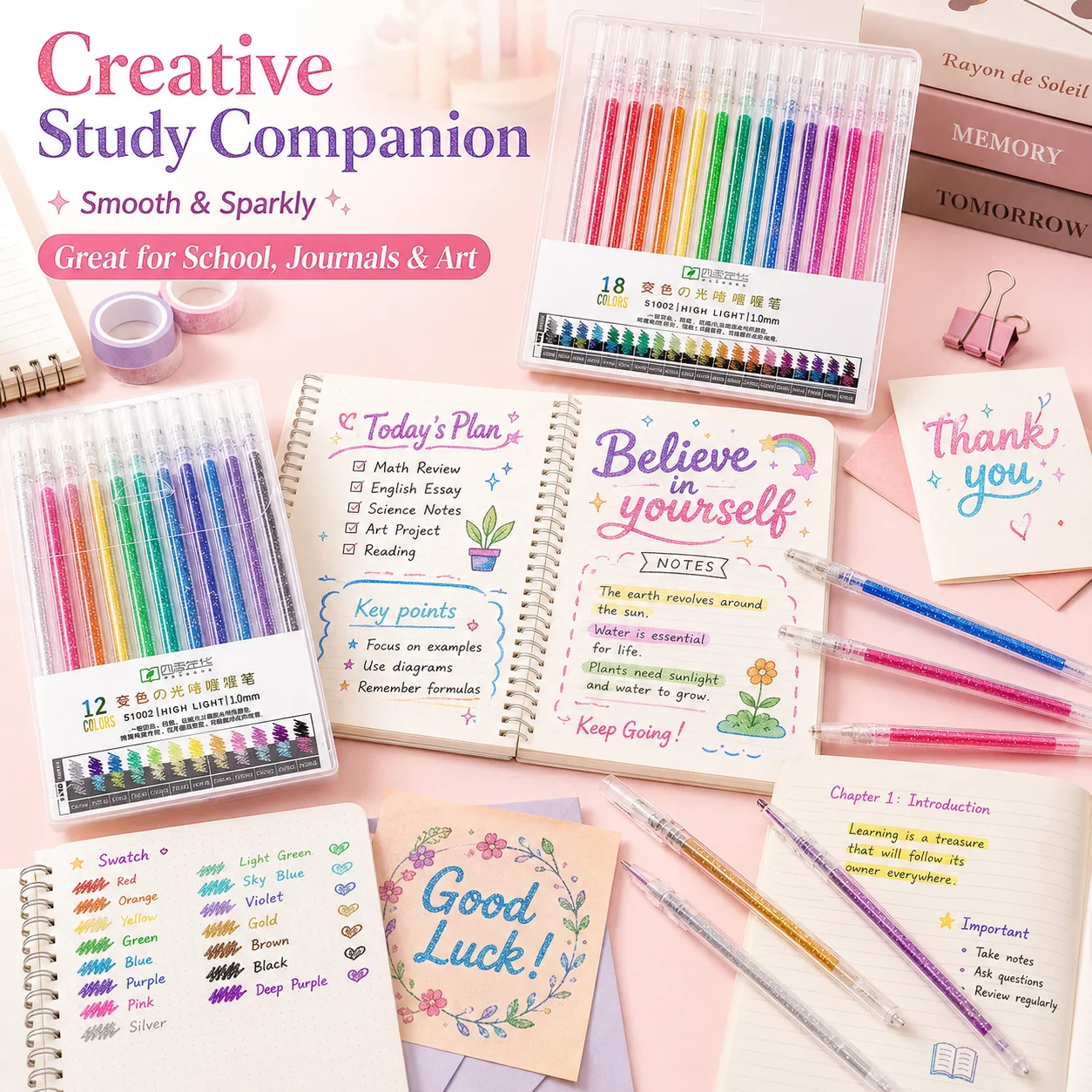 Colorful Sparkle Gel Markers, Fluorescent Highlighters for Kids Journaling, Overlapping Color Art Pens for Students