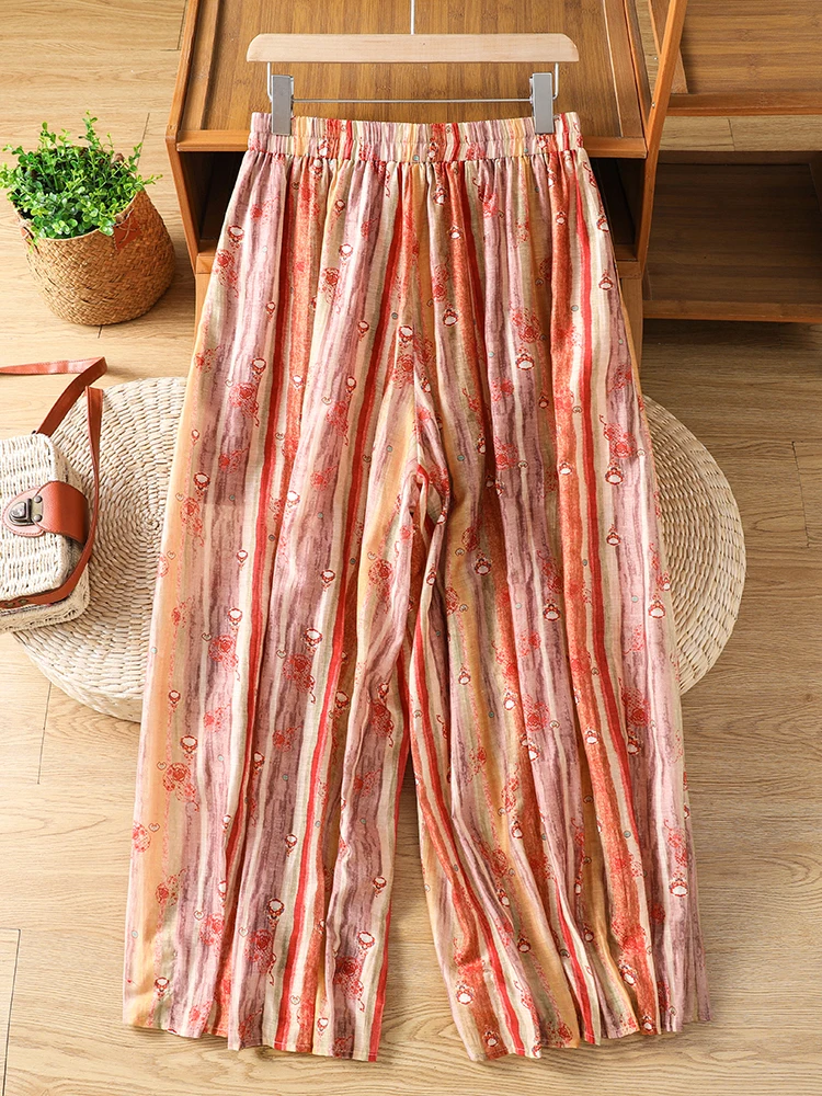 Retro Gradient Print Cotton Linen Women's Harem Pants Summer Loose Casual Elastic Waist Nine Points Lantern Pants
