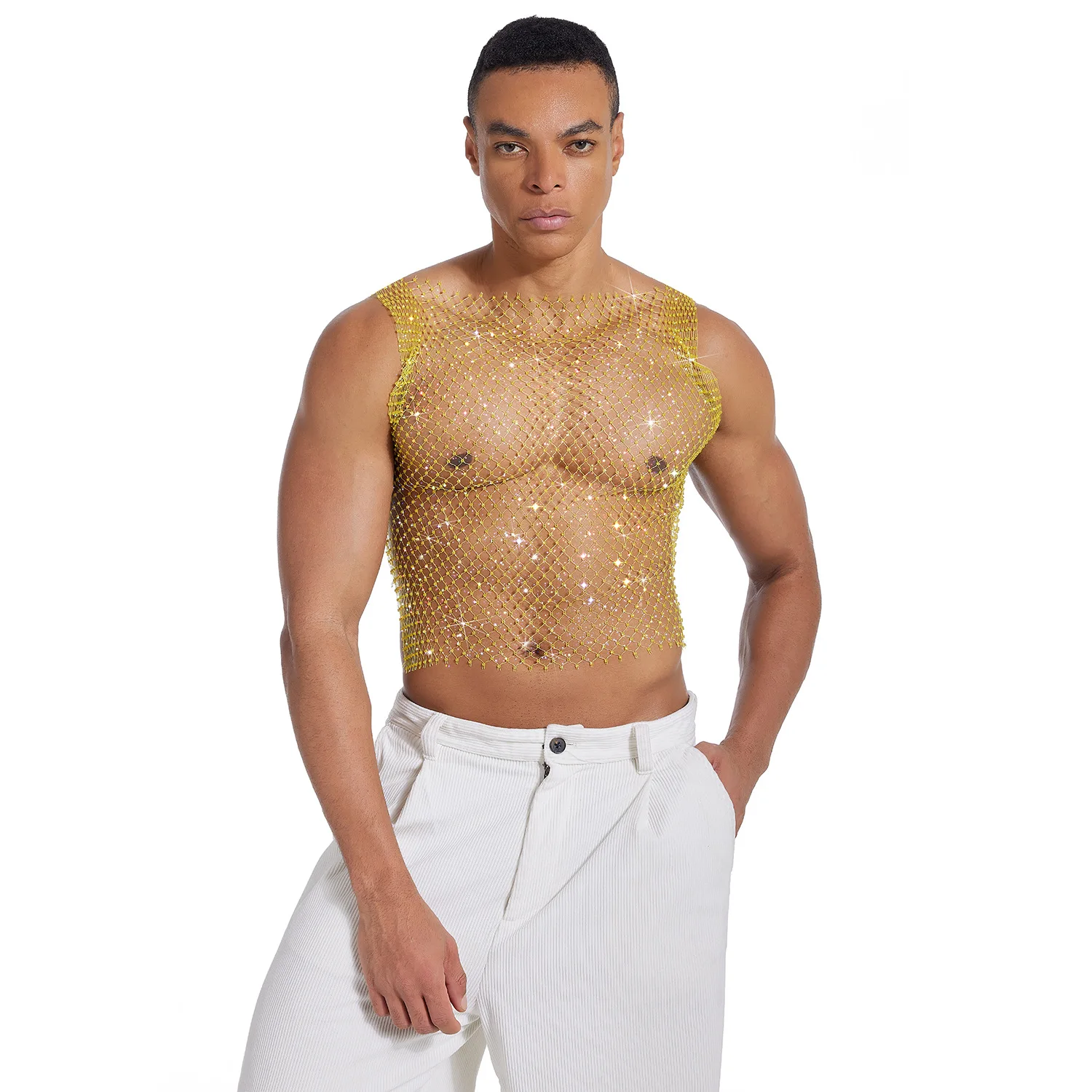 

Hot Diamond Clothing Fishnet Rhinestone Hollow Vest Top Flash Diamond Music Festival Party Nightclub Clothing