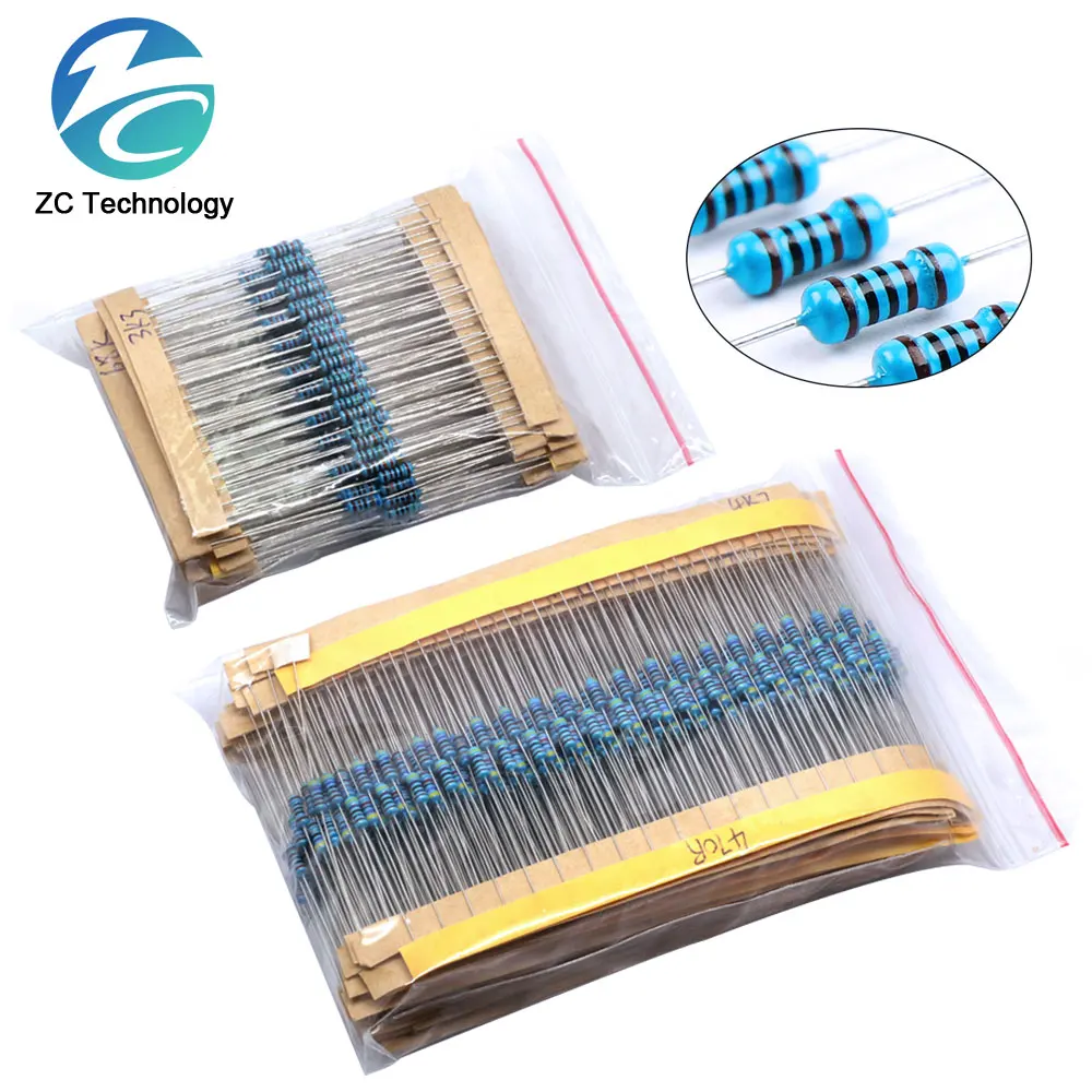 600PCS/Set 30 Kinds 1/4W Resistance 1% Metal Film Resistor Pack Assorted Kit 1K 10K 100K 220ohm 1M Resistors 300PCS/Set