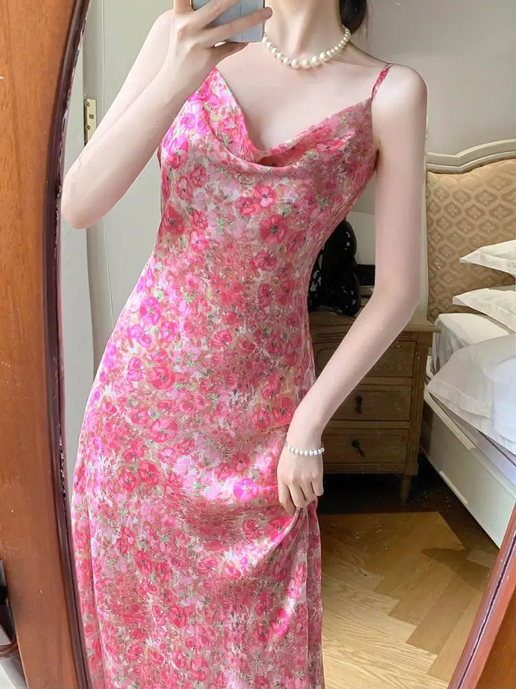 High sense sexy pure desire small fragrance French chic beautiful and thin pink floral suspender dress women's summer