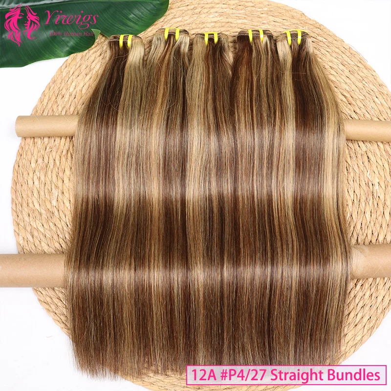 Yiwigs 15A Grade P4/27 Highlight Straight Bundles Human Hair 100% Raw Virgin Brown Blonde  Human Hair Bundles Weave Extensions