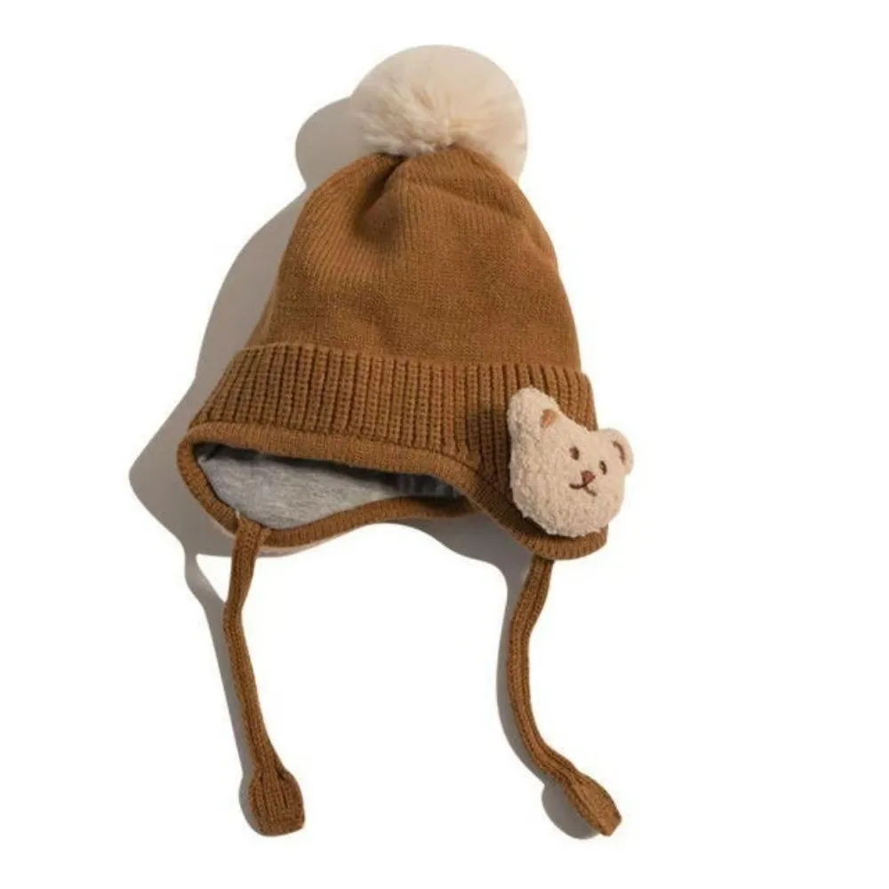 Solid Color Ear Protection Cap Thick Cotton Lining Windproof Bear Earflap Beanie Knitted Crochet Style Toddler Cap For Toddler