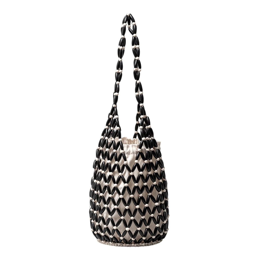 

Wooden Bead Woven Hand Bag for Holiday Travels Date Hollow-out Tote Bag Handmade Beaded Shoulder Bag for Women