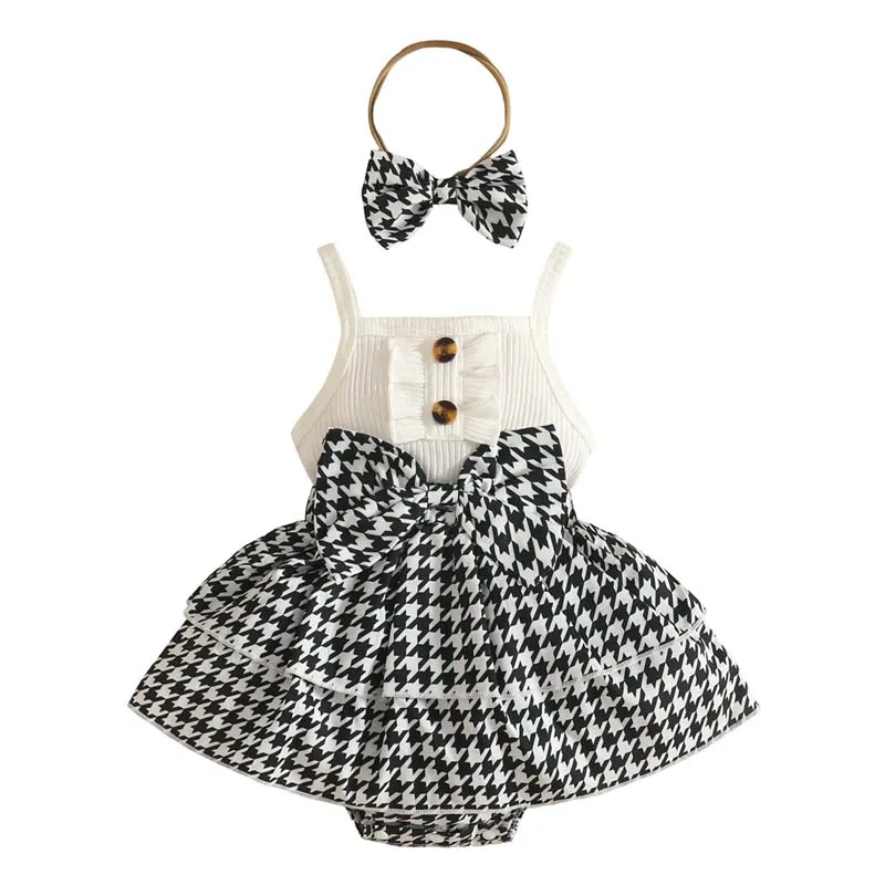 

Newborn Baby Girl Houndstooth Outfit Set Sleeveless Cami Romper Dress with Bow Headband Infant Summer Skirted Bodysuit 0-24M