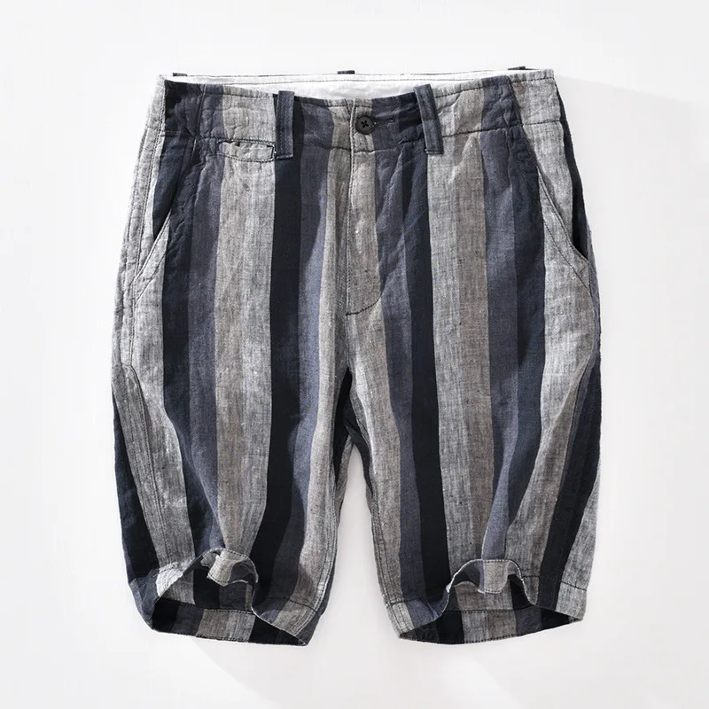 Men\'s Color Contrast Striped Linen Pants Summer Thin Beach Shorts Men\'s Straight Leg Loose Casual Quarter Pants Trend