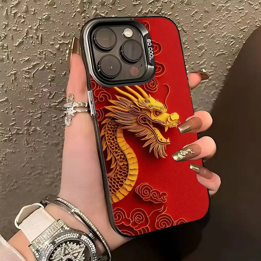 L-Luxury D-Dragon E-Capa de telefone em relevo para iPhone 17,16,15,14,13,12,11 Plus, Pro Max, XS, capa de telefone prateada colorida