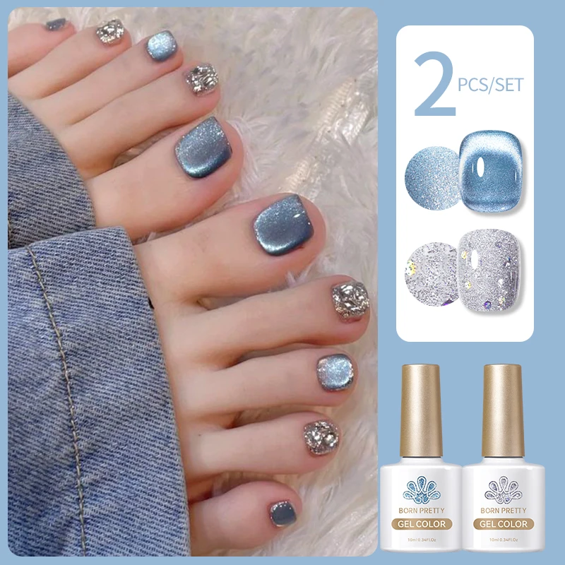 

BORN PRETTY 2Pcs Cat Magnetic Gel Nail Polish Set Crystal Glass Beads Summer Semi Permanent Soak Off Varnish Nail Art Supplies