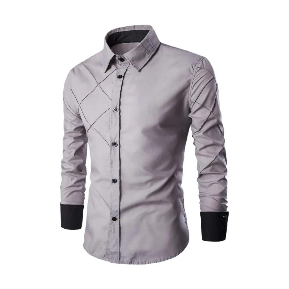 Men's Business Shirts Autumn Long Sleeve Business Casual Shirt Line Plaid Contrast Color Social Shirt Slim-fit Formal Shirts