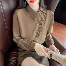 Elegant Fashion Ruffles Irregular Women Shirt 2024 Spring New Office Lady Chic All-match Lapel Long Sleeve Button Blouses Female