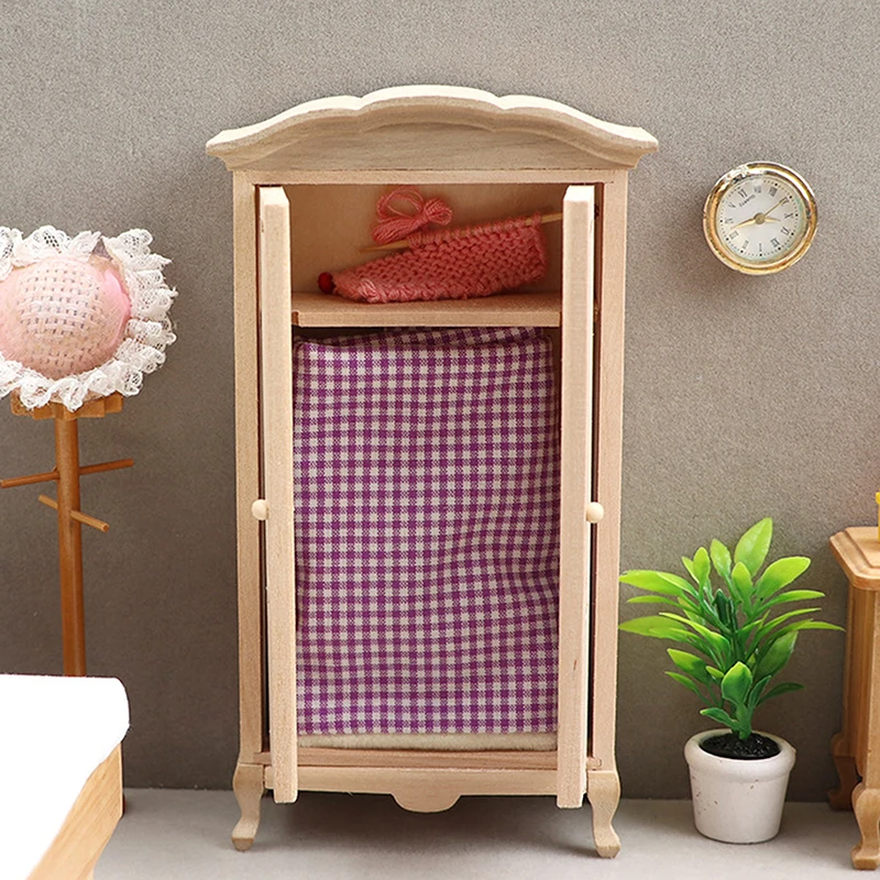 1:12 Dollhouse Miniature Wooden Classical Double Doors Wardrobe Model Storage Box Cabinet Furniture For Dolls House Decor Toy