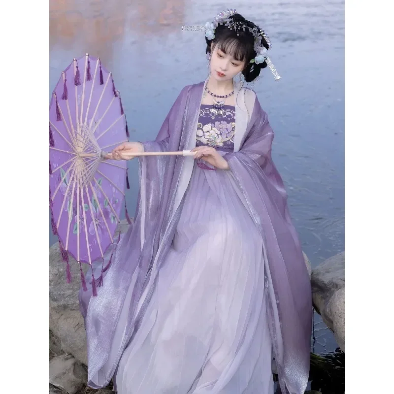 Chinese Style Women Hanfu Dress Purple Double Cape Peony Embroidered Dress Hanfu Suit Vestidos Elegantes Para Mujer