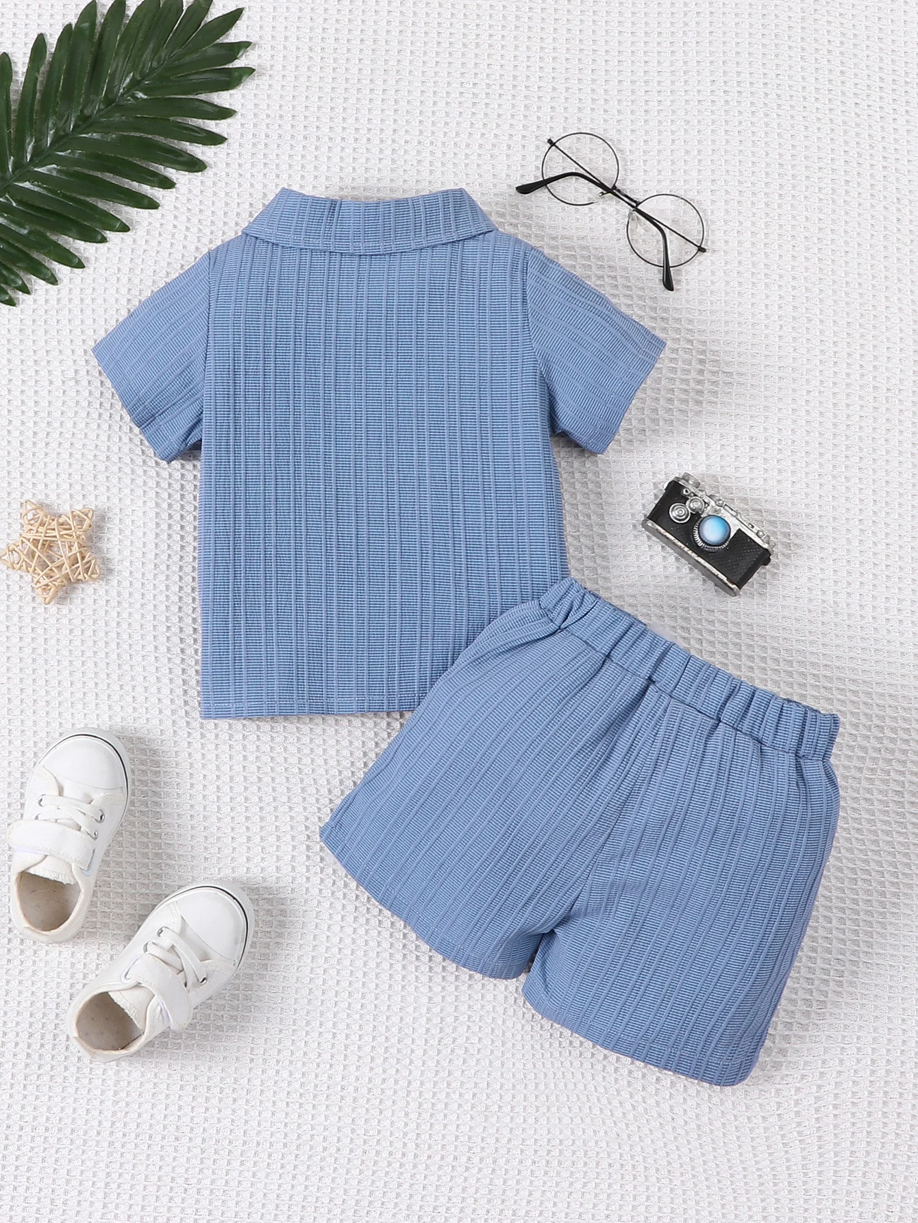 2-piece baby boy fashion casual woven jacquard fabric short sleeved shirt top and shorts set